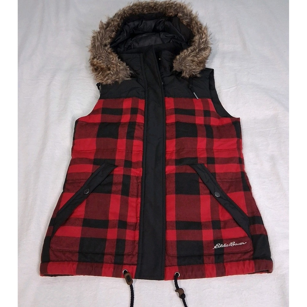 Eddie Bauer‎ Down Puffer Vest Sz XS Buffalo Plaid Red Black Faux Fur Hooded